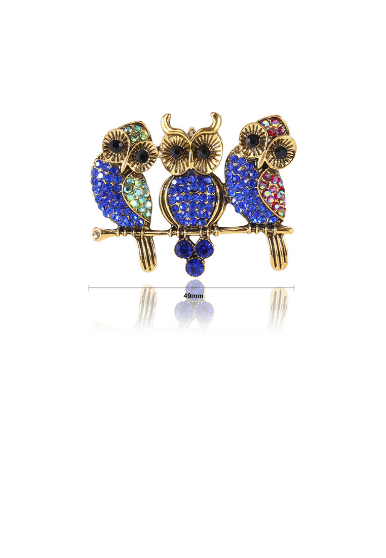Fashion and Cute Plated Gold Owl Brooch with Blue Cubic Zirconia - Luxurious Look