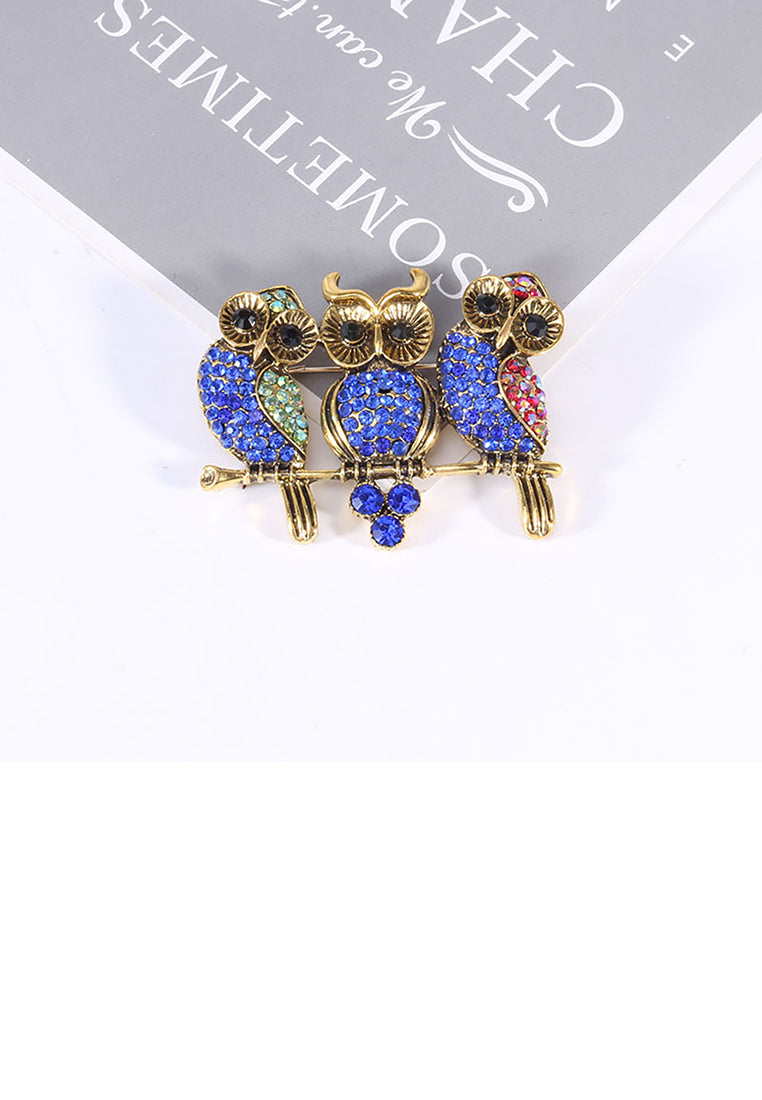 Fashion and Cute Plated Gold Owl Brooch with Blue Cubic Zirconia - Luxurious Look