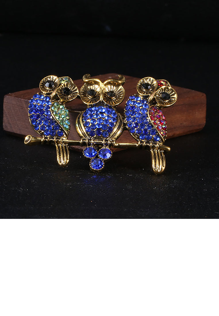 Fashion and Cute Plated Gold Owl Brooch with Blue Cubic Zirconia - Luxurious Look