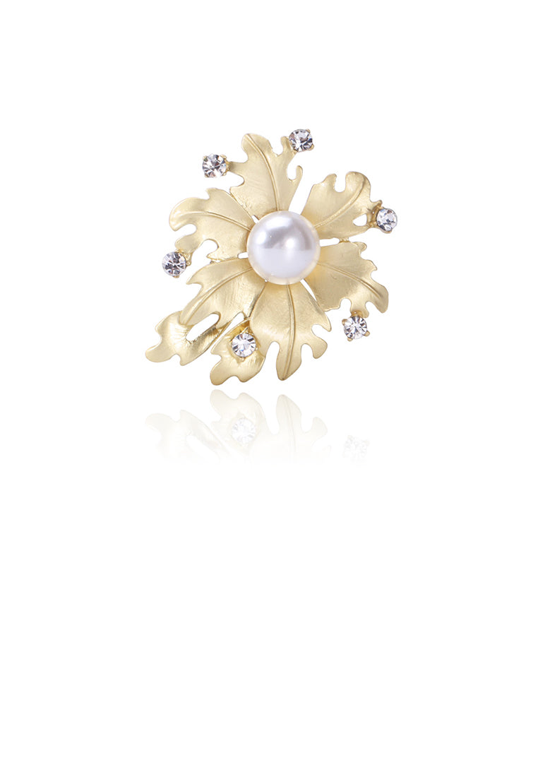 Fashion and Simple Plated Gold Leaf Imitation Pearl Brooch with Cubic Zirconia - Luxurious Look