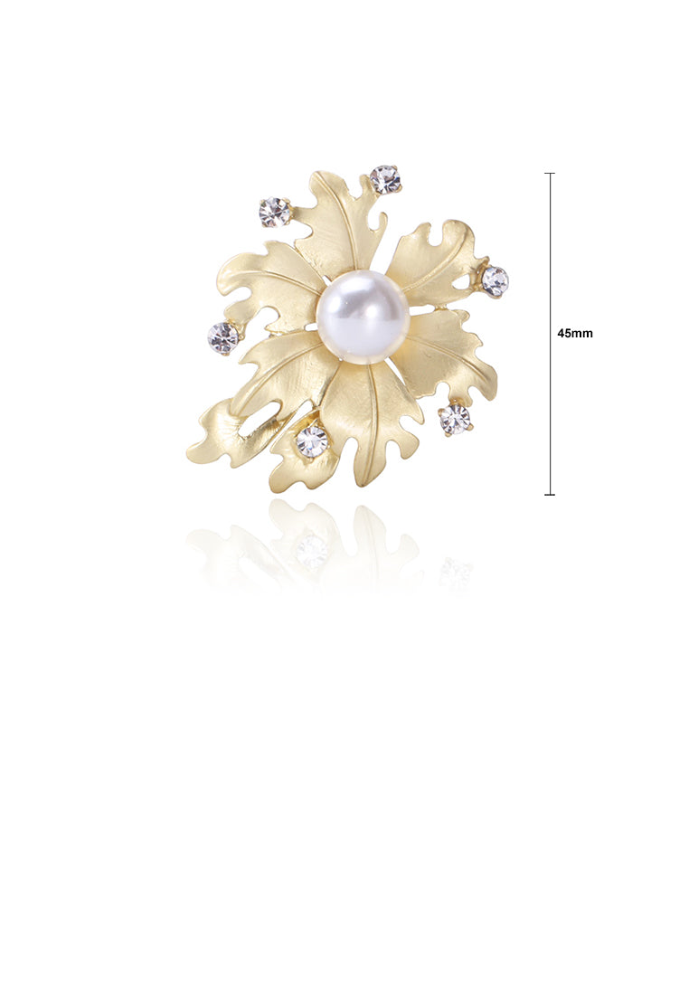 Fashion and Simple Plated Gold Leaf Imitation Pearl Brooch with Cubic Zirconia - Luxurious Look
