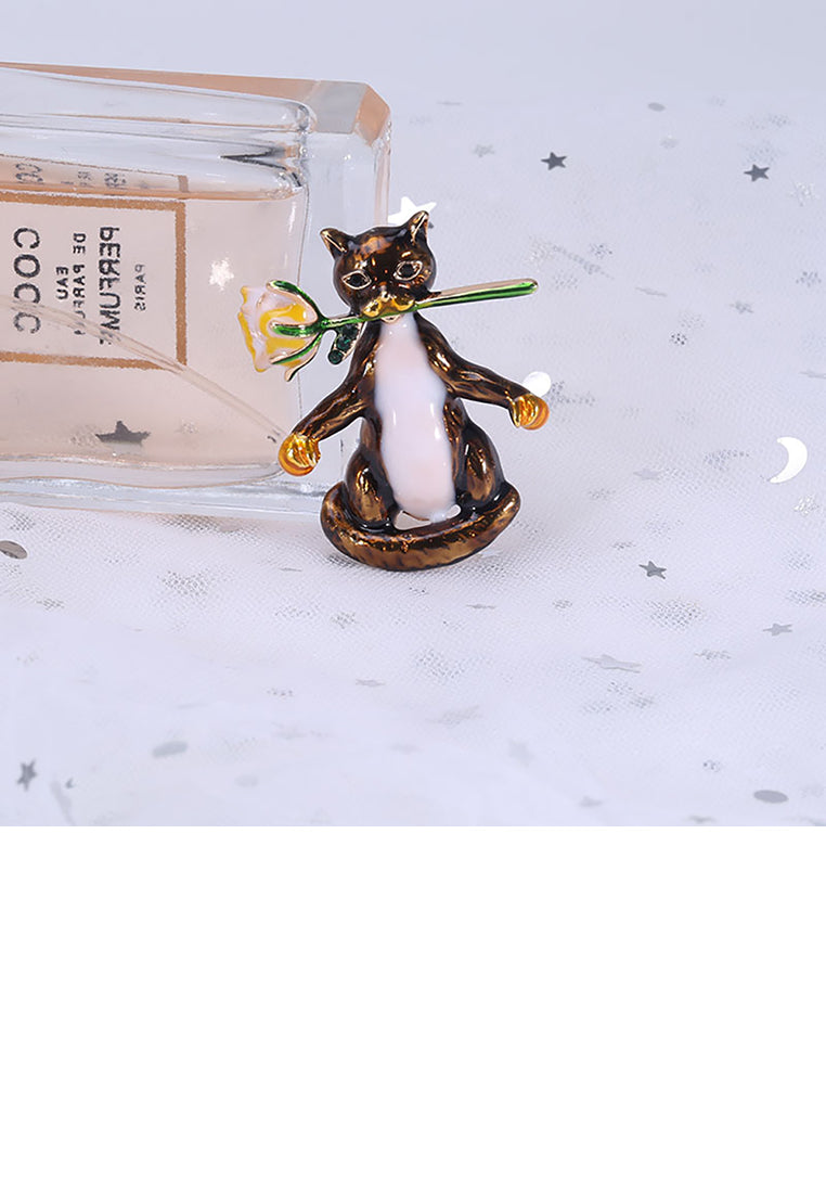 Simple and Cute Brown Cat Rose Flower Brooch - Vibrant Color