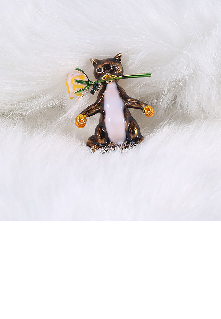 Simple and Cute Brown Cat Rose Flower Brooch - Vibrant Color