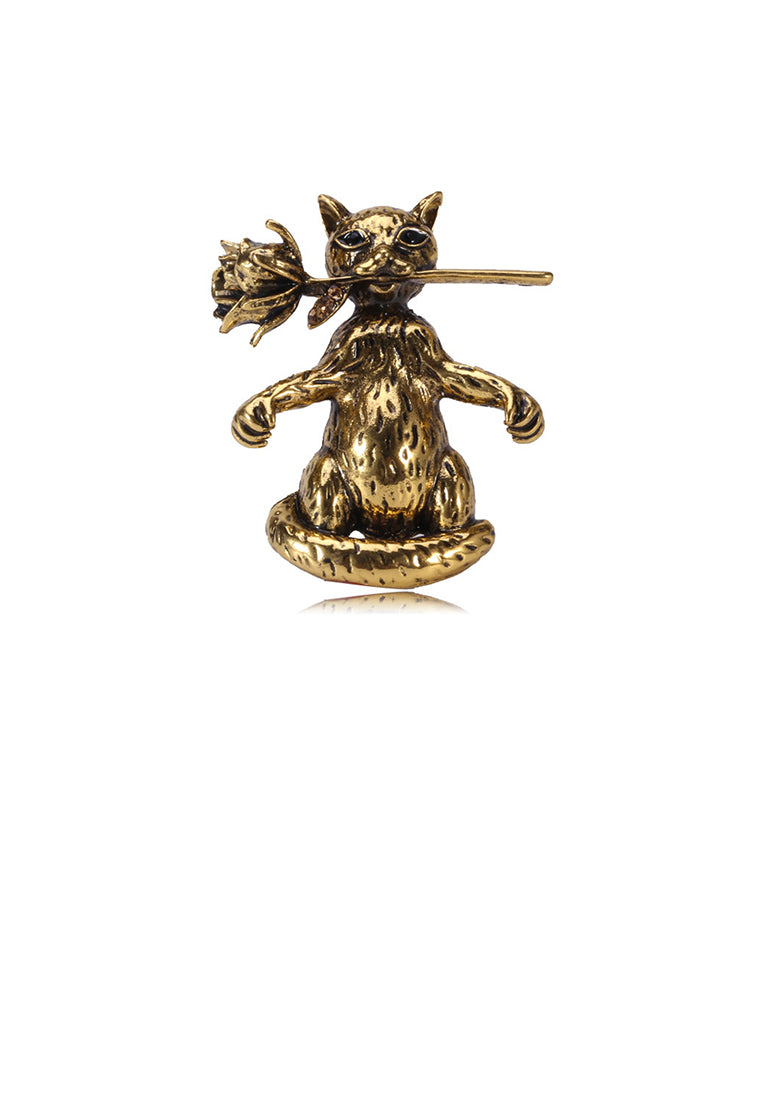Simple and Cute Plated Gold Cat Flower Brooch
