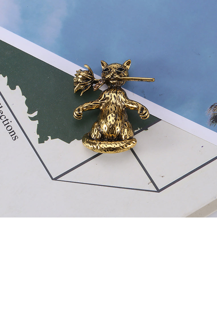 Simple and Cute Plated Gold Cat Flower Brooch