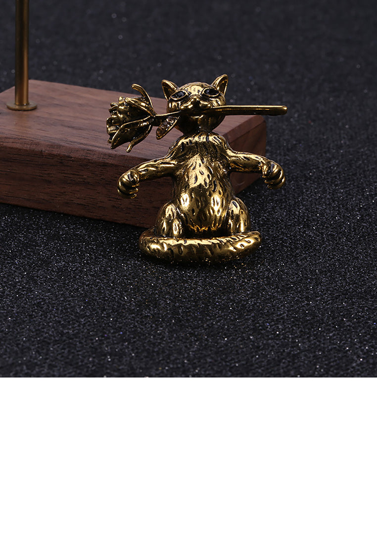 Simple and Cute Plated Gold Cat Flower Brooch