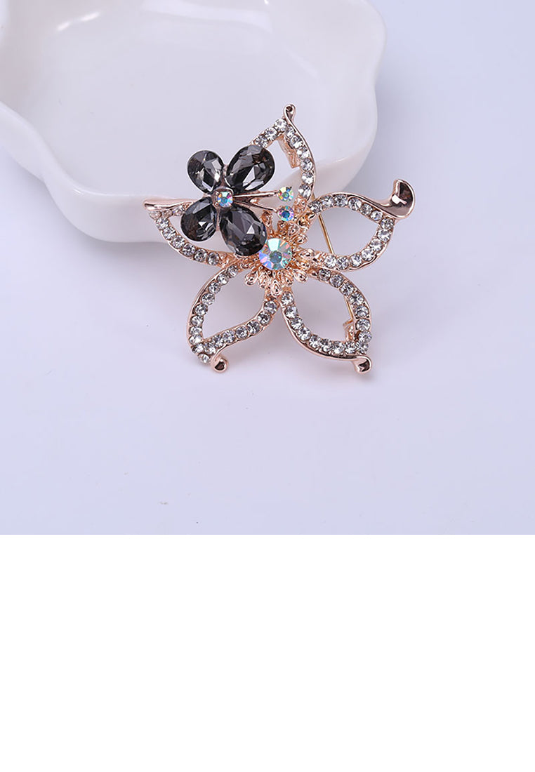 Fashion and Elegant Plated Gold Hollow Flower Black Butterfly Brooch with Cubic Zirconia - Luxurious Look