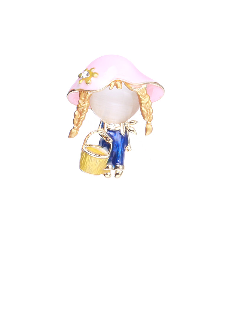 Simple and Cute Plated Gold Enamel Pink Hat Girl Brooch with Imitation Opal - Vibrant Color