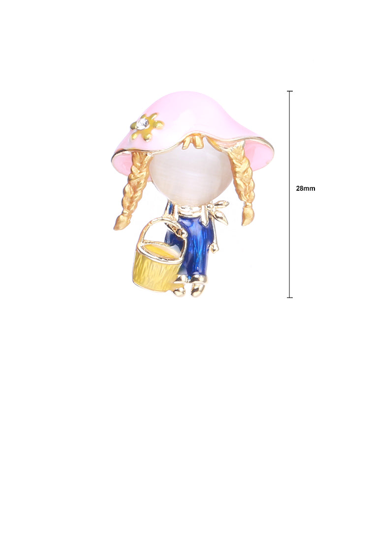 Simple and Cute Plated Gold Enamel Pink Hat Girl Brooch with Imitation Opal - Vibrant Color