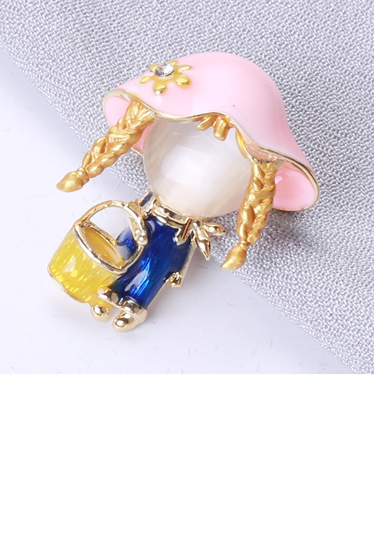 Simple and Cute Plated Gold Enamel Pink Hat Girl Brooch with Imitation Opal - Vibrant Color
