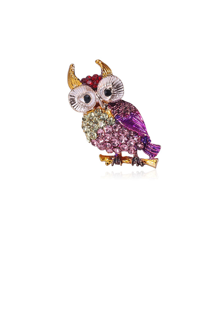 Fashion and Cute Plated Gold Owl Brooch with Colorful Cubic Zirconia - Luxurious Look