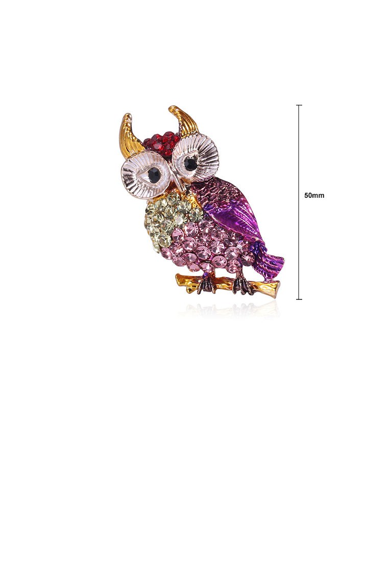 Fashion and Cute Plated Gold Owl Brooch with Colorful Cubic Zirconia - Luxurious Look