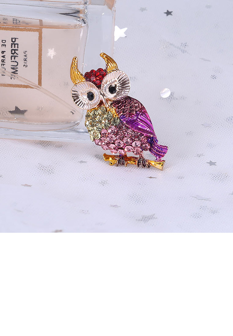 Fashion and Cute Plated Gold Owl Brooch with Colorful Cubic Zirconia - Luxurious Look