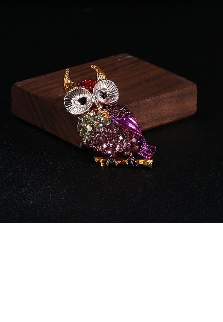 Fashion and Cute Plated Gold Owl Brooch with Colorful Cubic Zirconia - Luxurious Look
