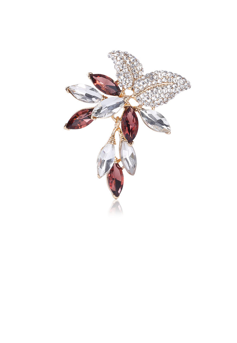 Fashion and Elegant Plated Gold Leaf Brooch with Rose Red Cubic Zirconia - Luxurious Look - Vibrant Color