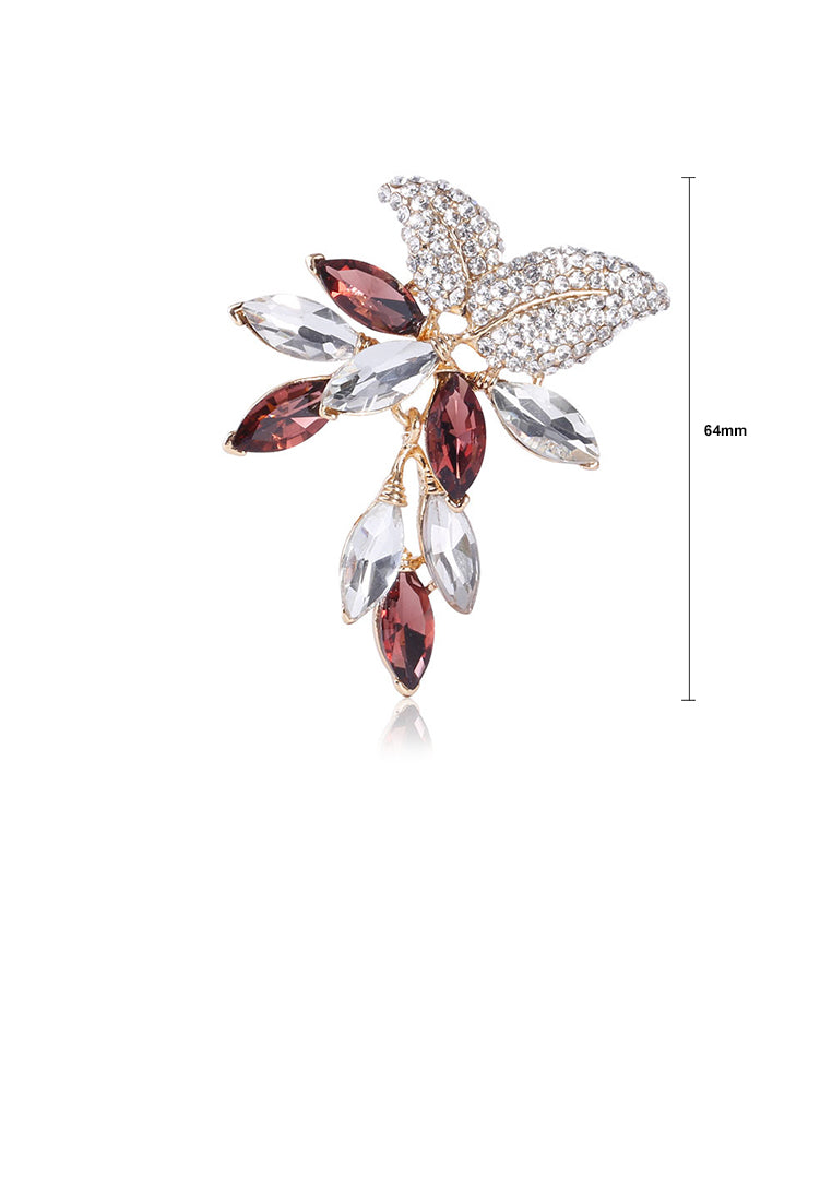 Fashion and Elegant Plated Gold Leaf Brooch with Rose Red Cubic Zirconia - Luxurious Look - Vibrant Color