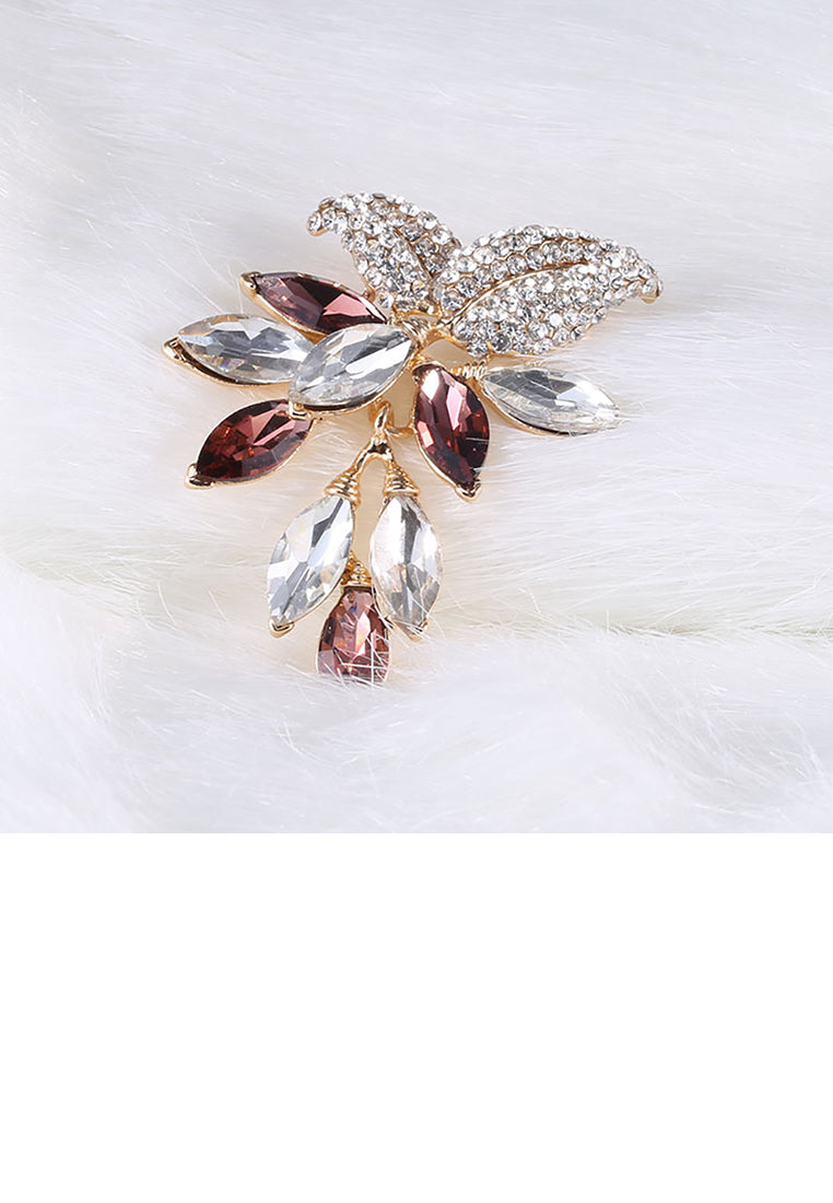 Fashion and Elegant Plated Gold Leaf Brooch with Rose Red Cubic Zirconia - Luxurious Look - Vibrant Color