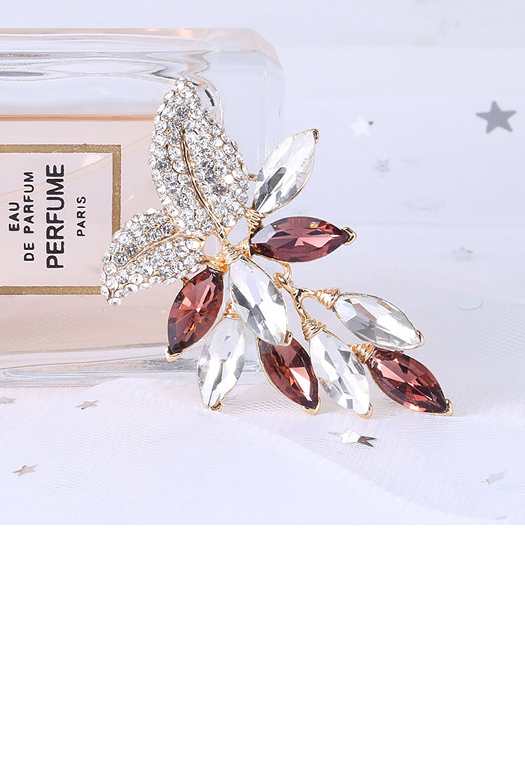 Fashion and Elegant Plated Gold Leaf Brooch with Rose Red Cubic Zirconia - Luxurious Look - Vibrant Color