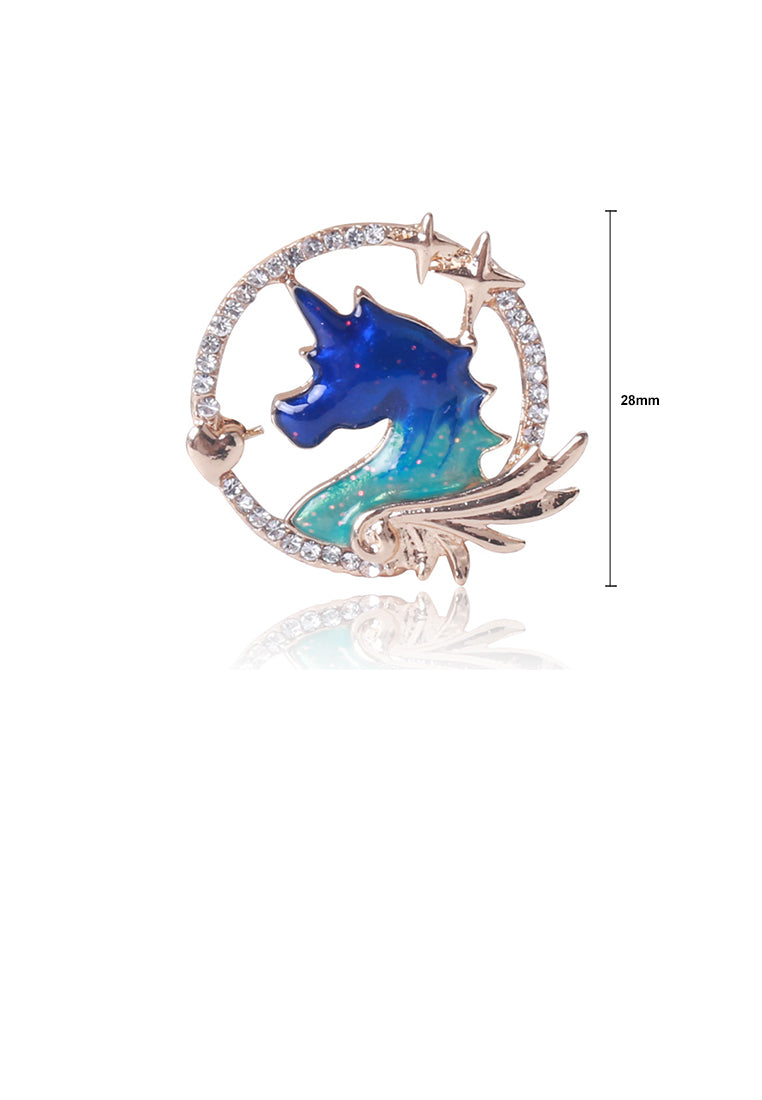 Fashion Creative Plated Gold Enamel Unicorn Geometric Round Brooch with Cubic Zirconia - Luxurious Look
