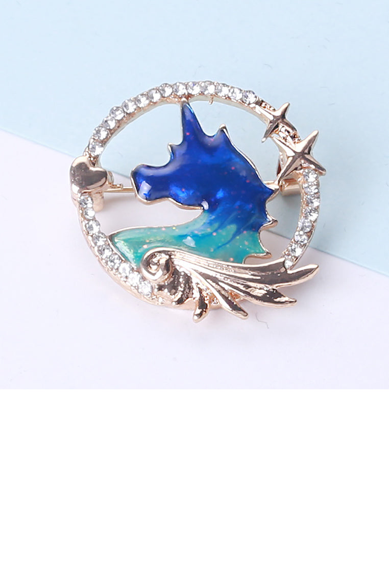 Fashion Creative Plated Gold Enamel Unicorn Geometric Round Brooch with Cubic Zirconia - Luxurious Look