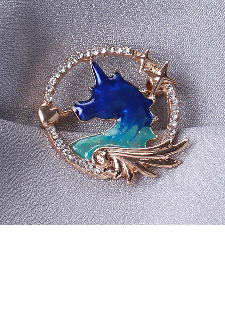 Fashion Creative Plated Gold Enamel Unicorn Geometric Round Brooch with Cubic Zirconia - Luxurious Look