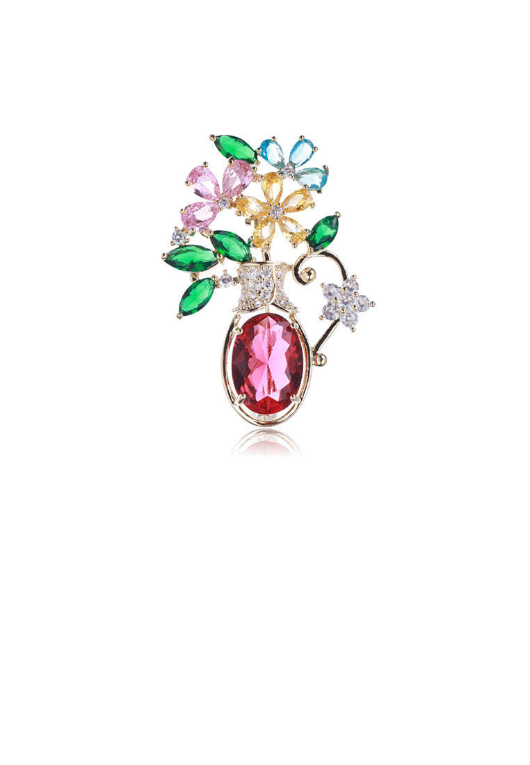 Fashion and Elegant Plated Gold Vase Color Flower Brooch with Cubic Zirconia - Luxurious Look