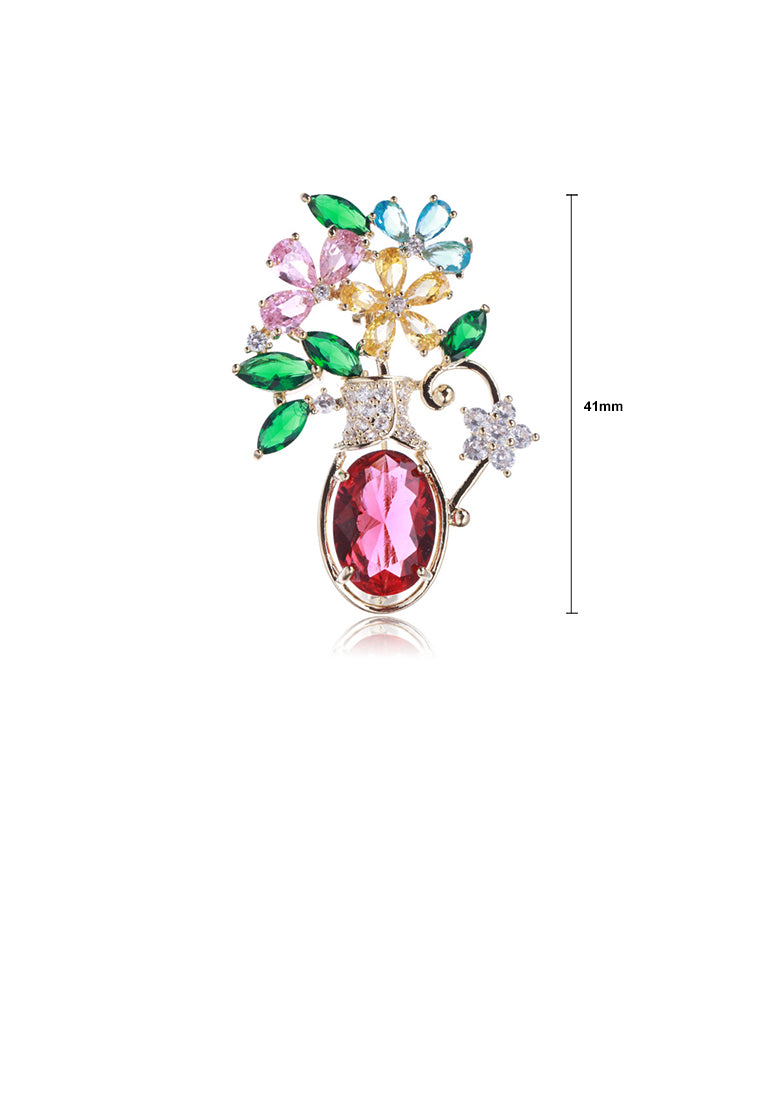 Fashion and Elegant Plated Gold Vase Color Flower Brooch with Cubic Zirconia - Luxurious Look
