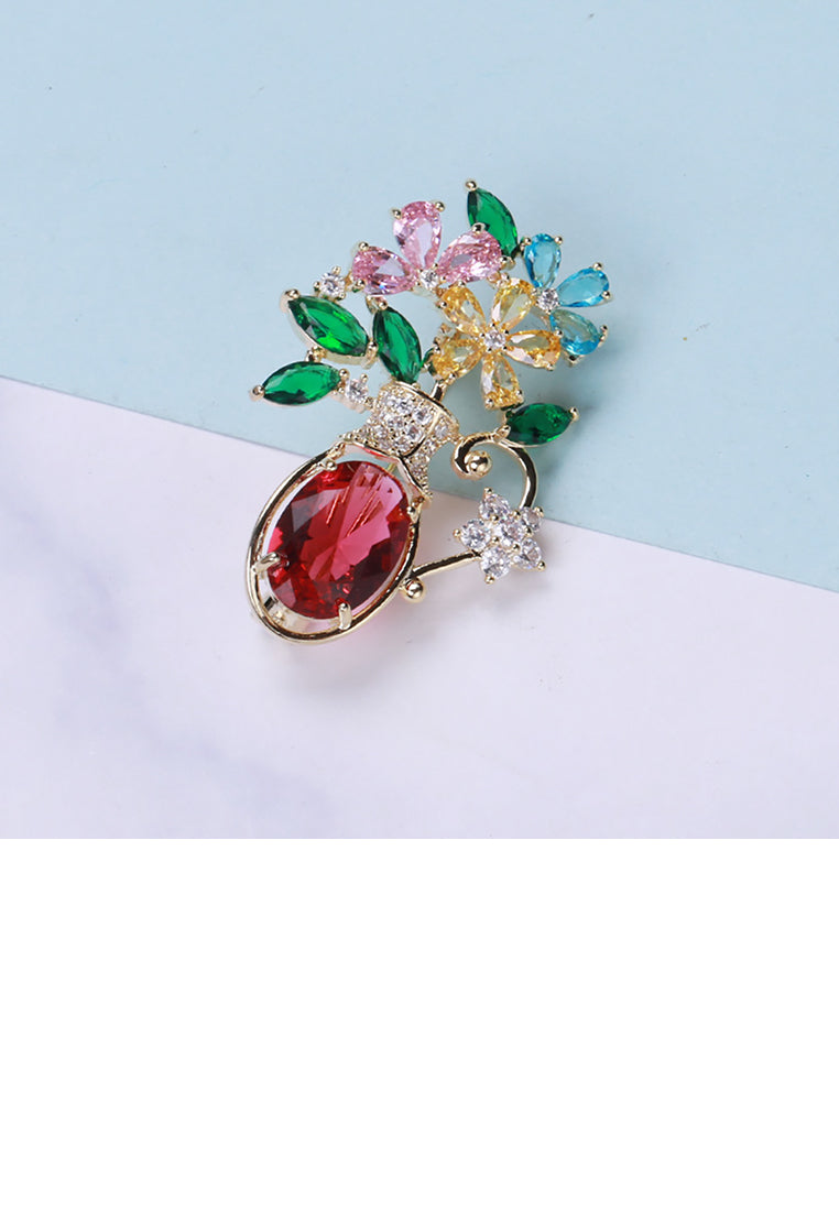 Fashion and Elegant Plated Gold Vase Color Flower Brooch with Cubic Zirconia - Luxurious Look