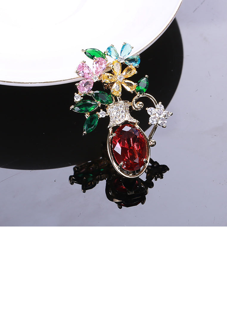 Fashion and Elegant Plated Gold Vase Color Flower Brooch with Cubic Zirconia - Luxurious Look