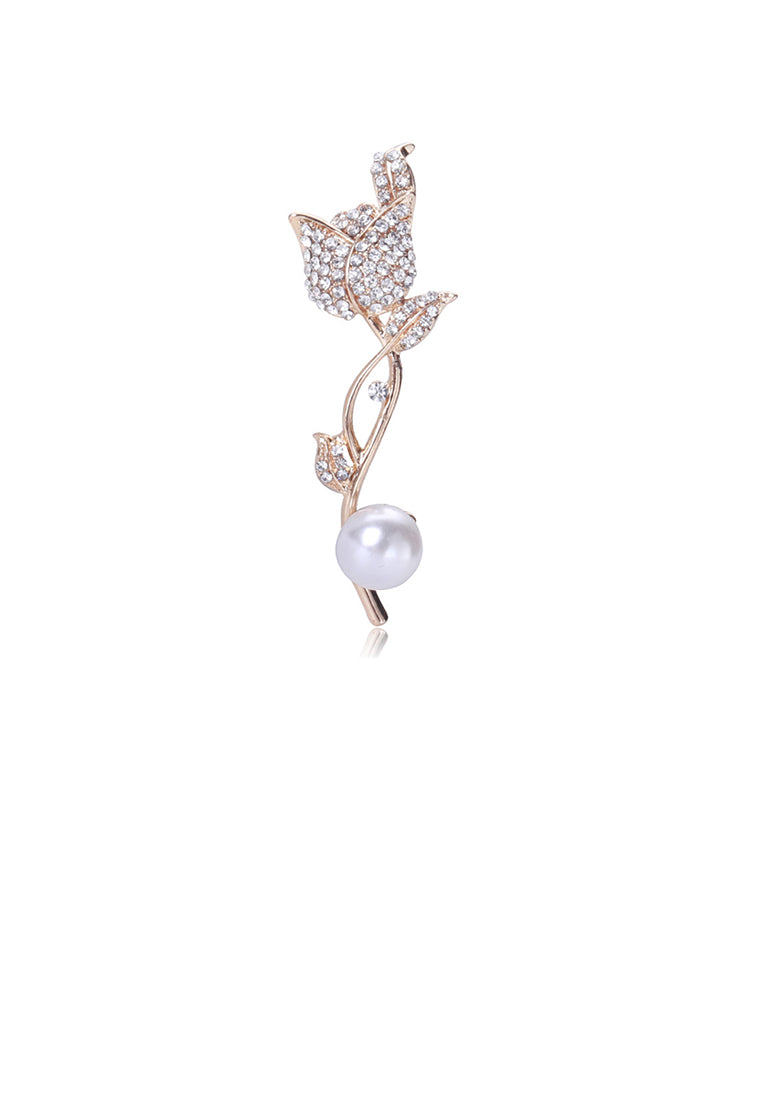 Fashion Temperament Plated Gold Tulip Imitation Pearl Brooch with Cubic Zirconia - Luxurious Look
