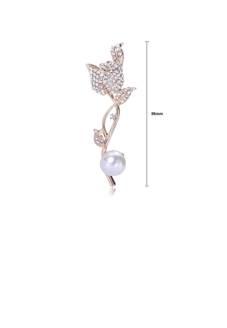 Fashion Temperament Plated Gold Tulip Imitation Pearl Brooch with Cubic Zirconia - Luxurious Look