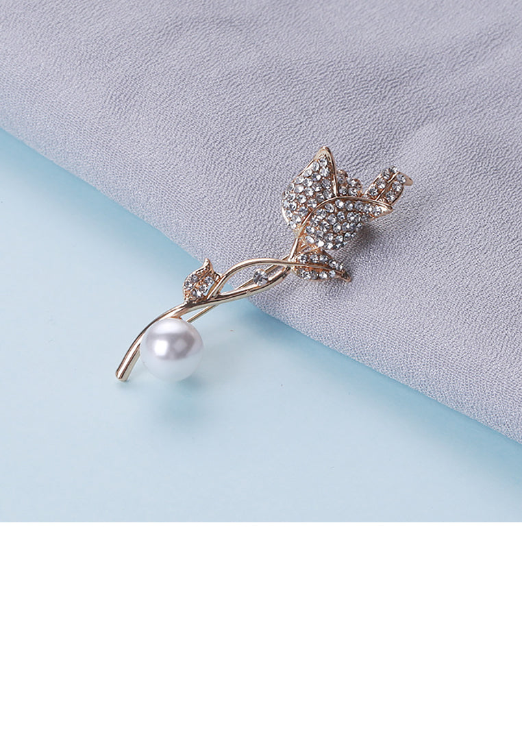 Fashion Temperament Plated Gold Tulip Imitation Pearl Brooch with Cubic Zirconia - Luxurious Look