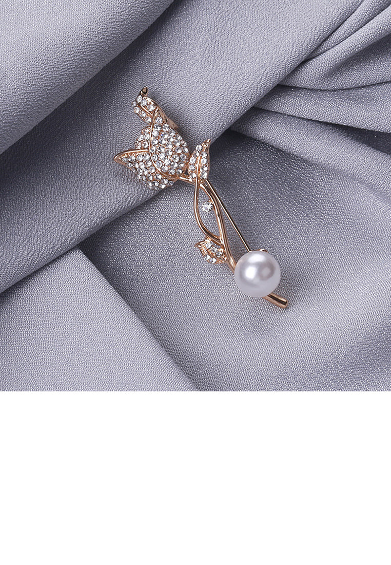 Fashion Temperament Plated Gold Tulip Imitation Pearl Brooch with Cubic Zirconia - Luxurious Look