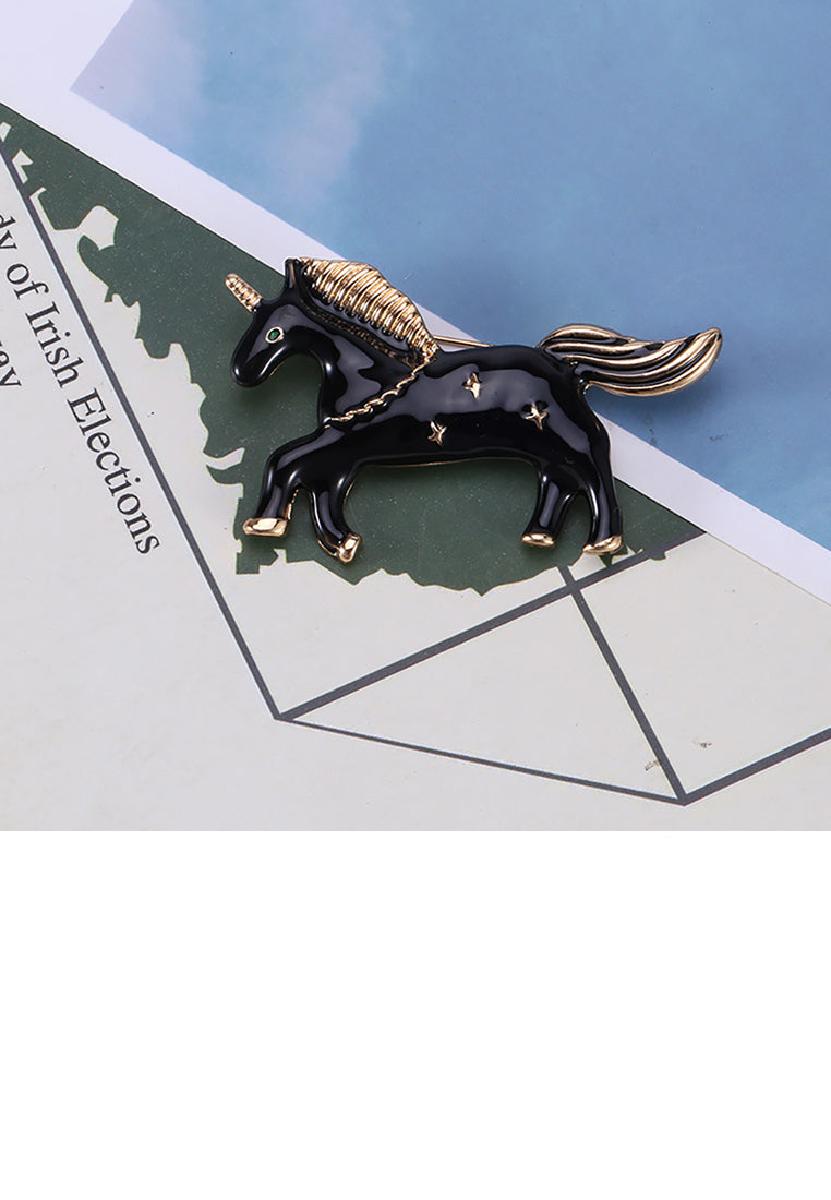 Simple and Cute Plated Gold Enamel Black Unicorn Brooch