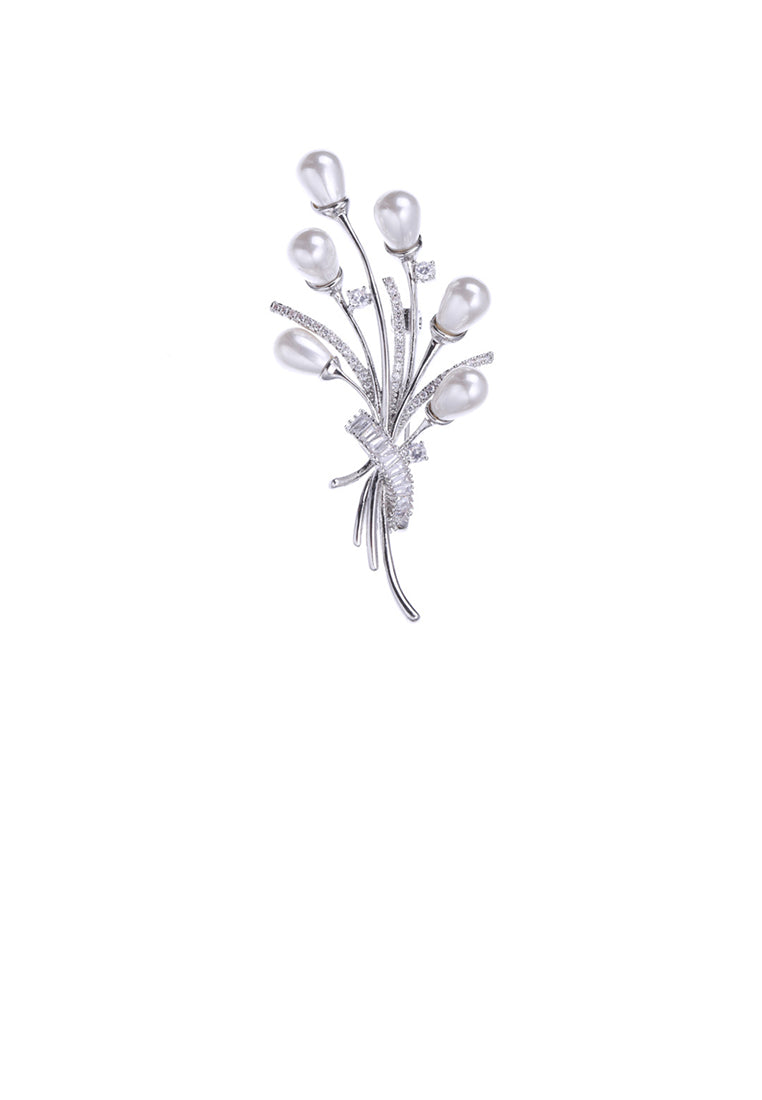 Fashion and Elegant Floral Imitation Pearl Brooch with Cubic Zirconia - Luxurious Look