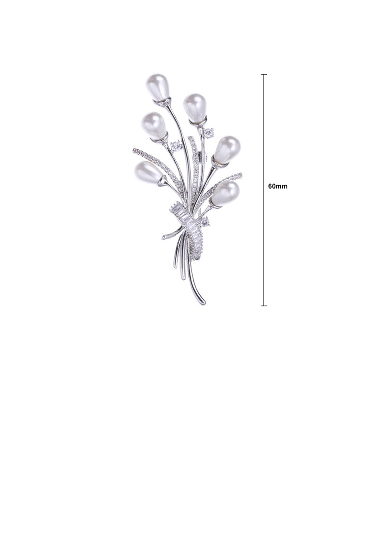Fashion and Elegant Floral Imitation Pearl Brooch with Cubic Zirconia - Luxurious Look