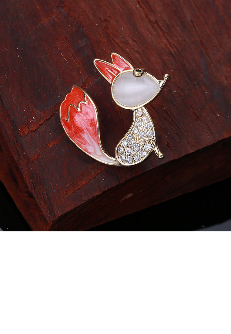 Simple and Cute Plated Gold Fox Imitation Opal Brooch with Cubic Zirconia - Luxurious Look