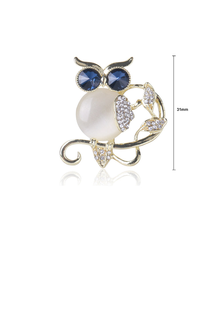 Fashion and Cute Plated Gold Owl Imitation Opal Brooch with Cubic Zirconia - Luxurious Look
