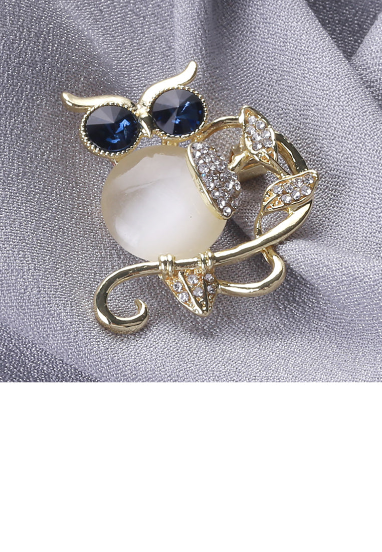 Fashion and Cute Plated Gold Owl Imitation Opal Brooch with Cubic Zirconia - Luxurious Look