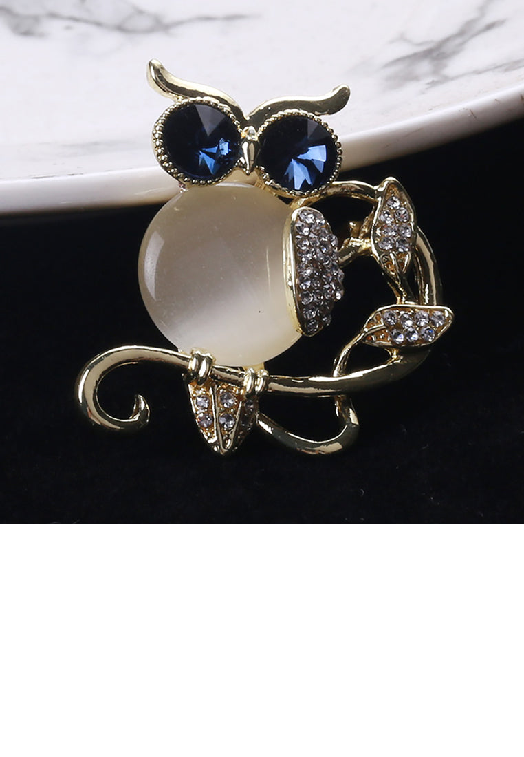 Fashion and Cute Plated Gold Owl Imitation Opal Brooch with Cubic Zirconia - Luxurious Look