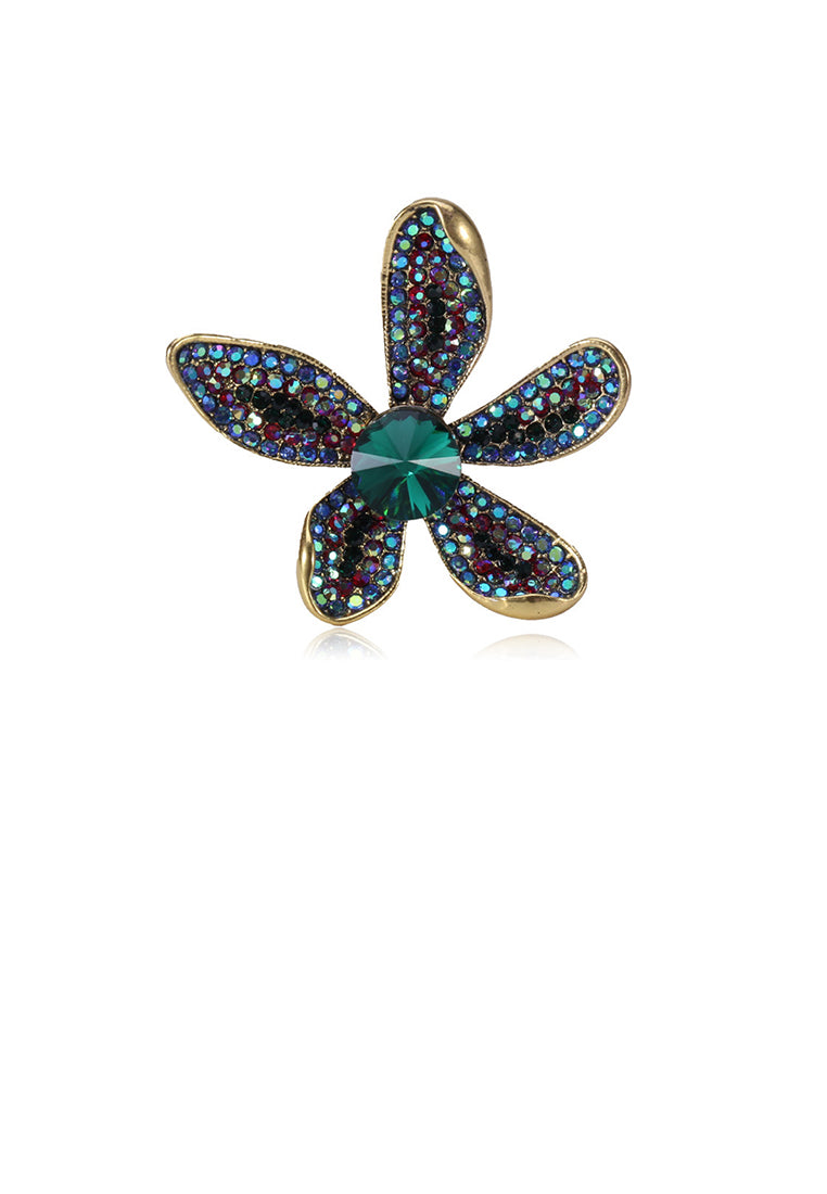 Fashion Bright Plated Gold Flower Brooch with Colorful Cubic Zirconia - Luxurious Look