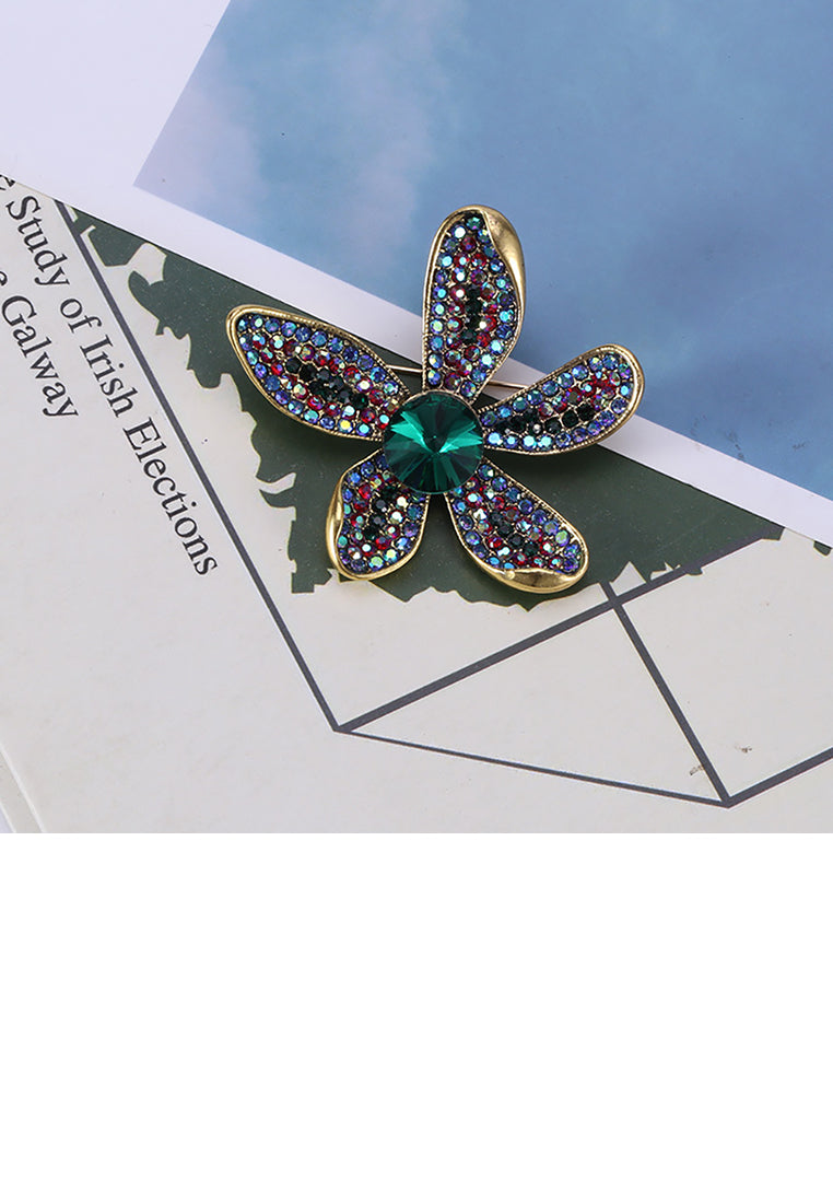Fashion Bright Plated Gold Flower Brooch with Colorful Cubic Zirconia - Luxurious Look