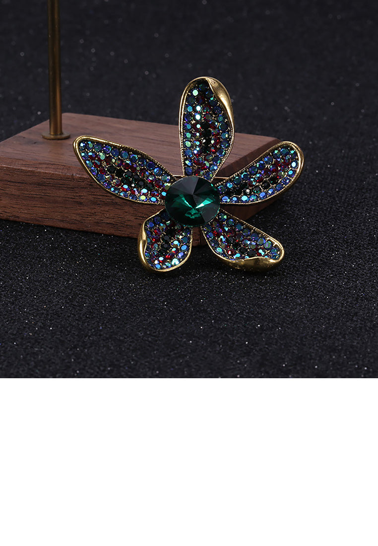 Fashion Bright Plated Gold Flower Brooch with Colorful Cubic Zirconia - Luxurious Look