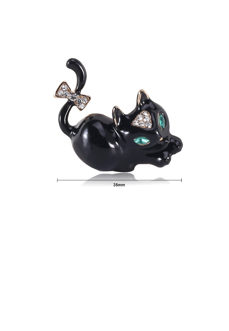 Simple and Cute Plated Gold Enamel Black Cat Brooch with with Cubic Zirconia - Luxurious Look