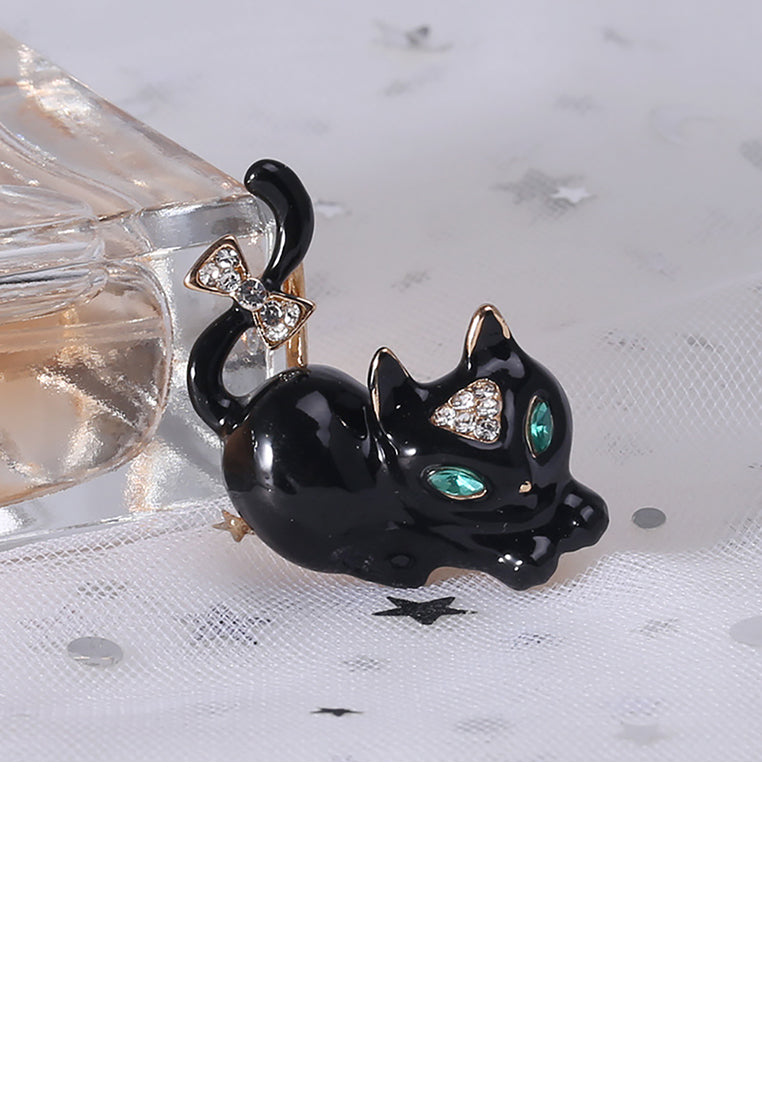 Simple and Cute Plated Gold Enamel Black Cat Brooch with with Cubic Zirconia - Luxurious Look