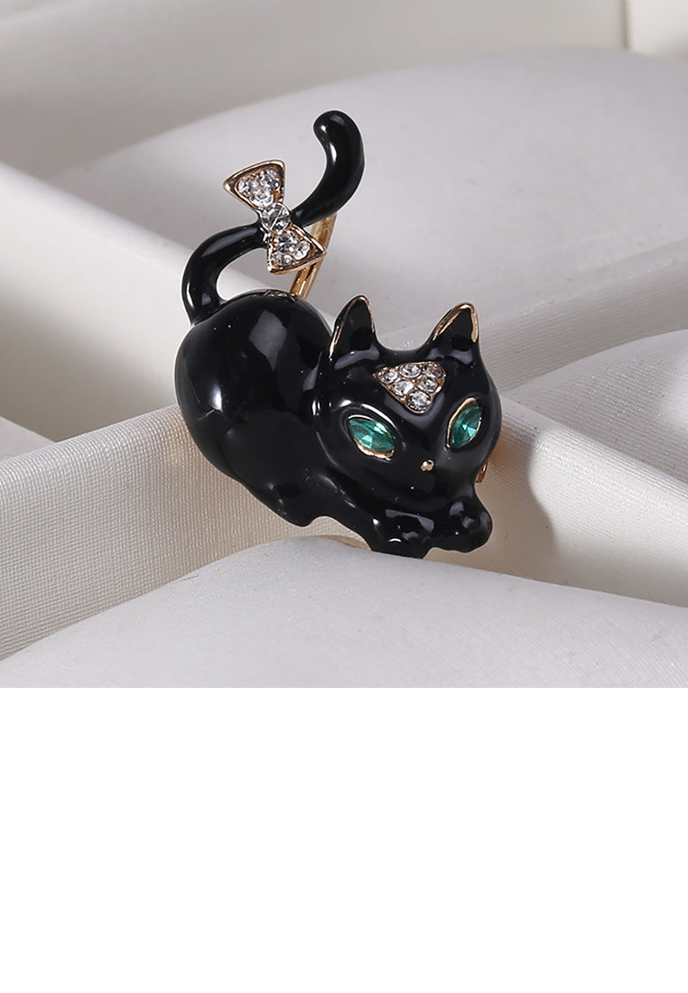 Simple and Cute Plated Gold Enamel Black Cat Brooch with with Cubic Zirconia - Luxurious Look