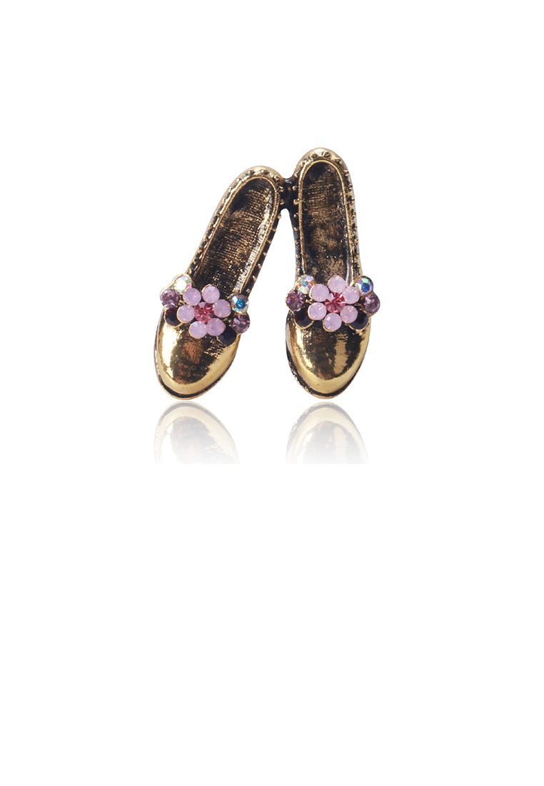 Fashion Vintage Plated Gold Flower Shoe Brooch with Cubic Zirconia - Luxurious Look