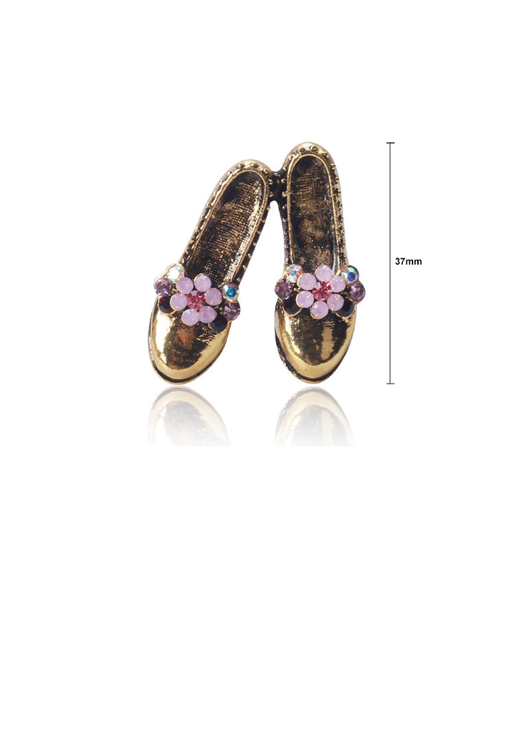 Fashion Vintage Plated Gold Flower Shoe Brooch with Cubic Zirconia - Luxurious Look