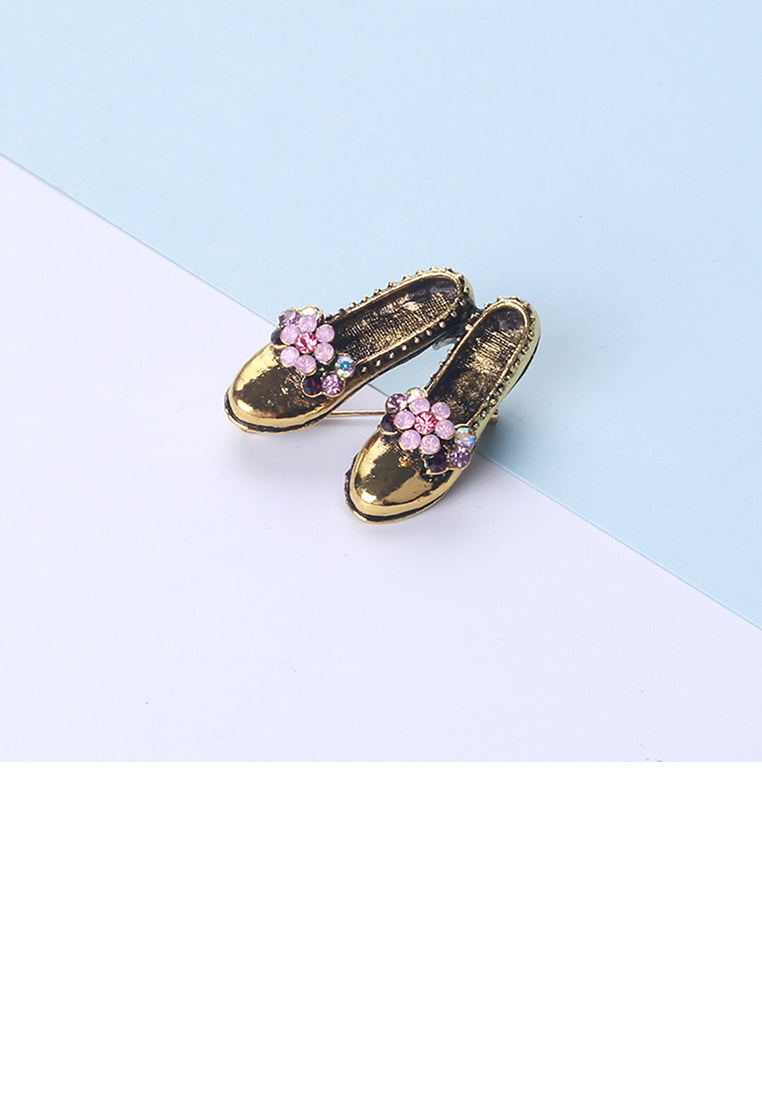 Fashion Vintage Plated Gold Flower Shoe Brooch with Cubic Zirconia - Luxurious Look