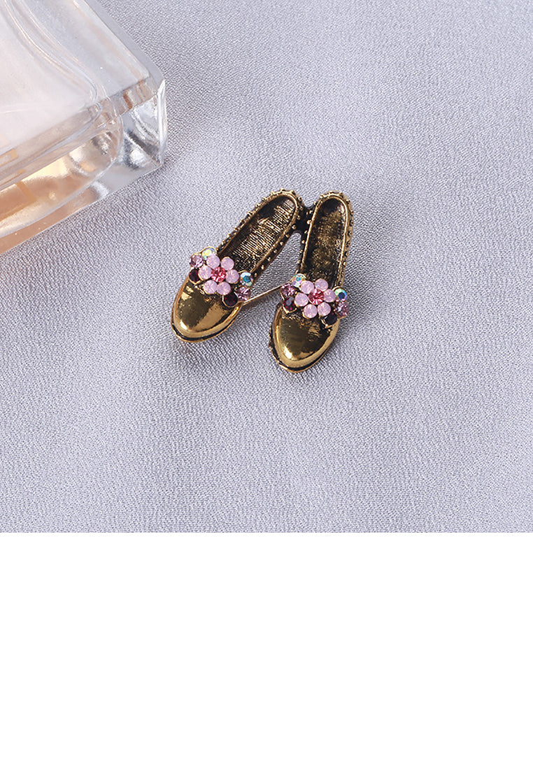 Fashion Vintage Plated Gold Flower Shoe Brooch with Cubic Zirconia - Luxurious Look